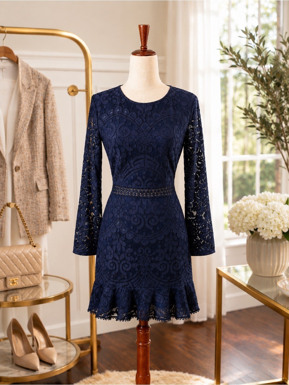 Two Sisters Navy Lace Bell Sleeve Open Back Dress Medium